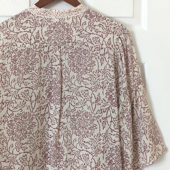 Warm NY Floral Printed Silk Tied V-neck Quarter Bell Sleeve Blouse Cream Medium